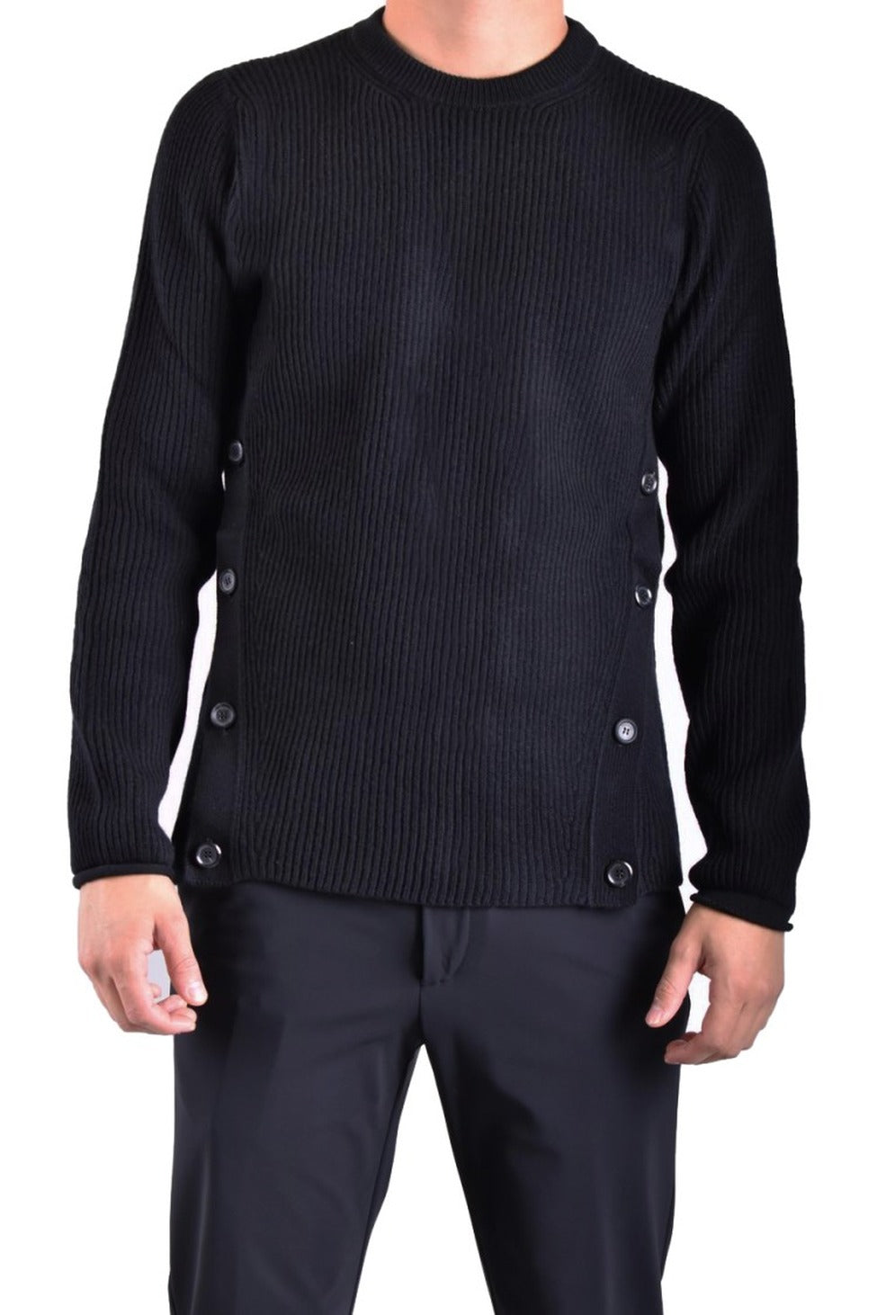 Ribbed Black Wool Knitwear With Decorative Button Accents