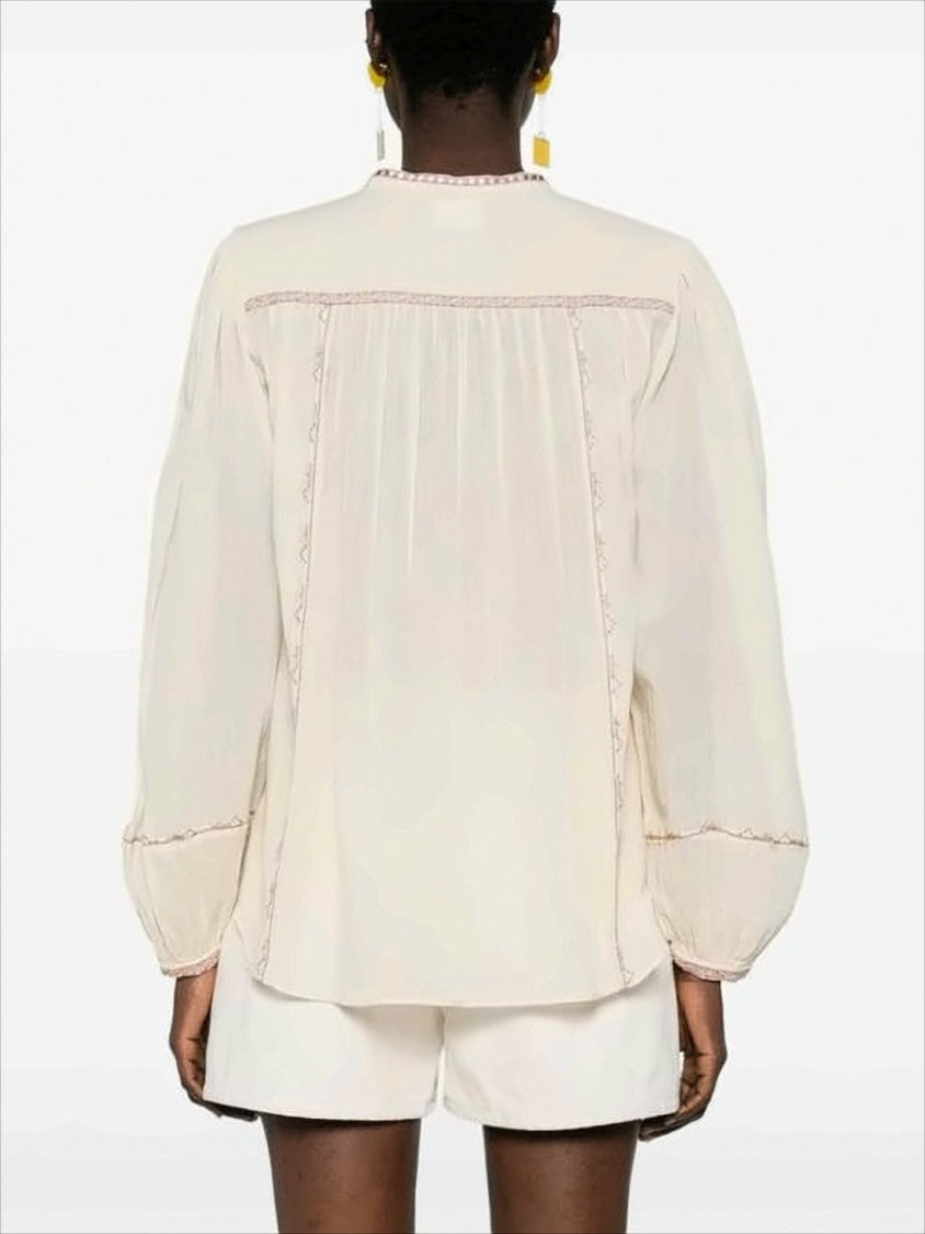 Geometric Embroidered Cotton Blouse with Puffed Sleeves