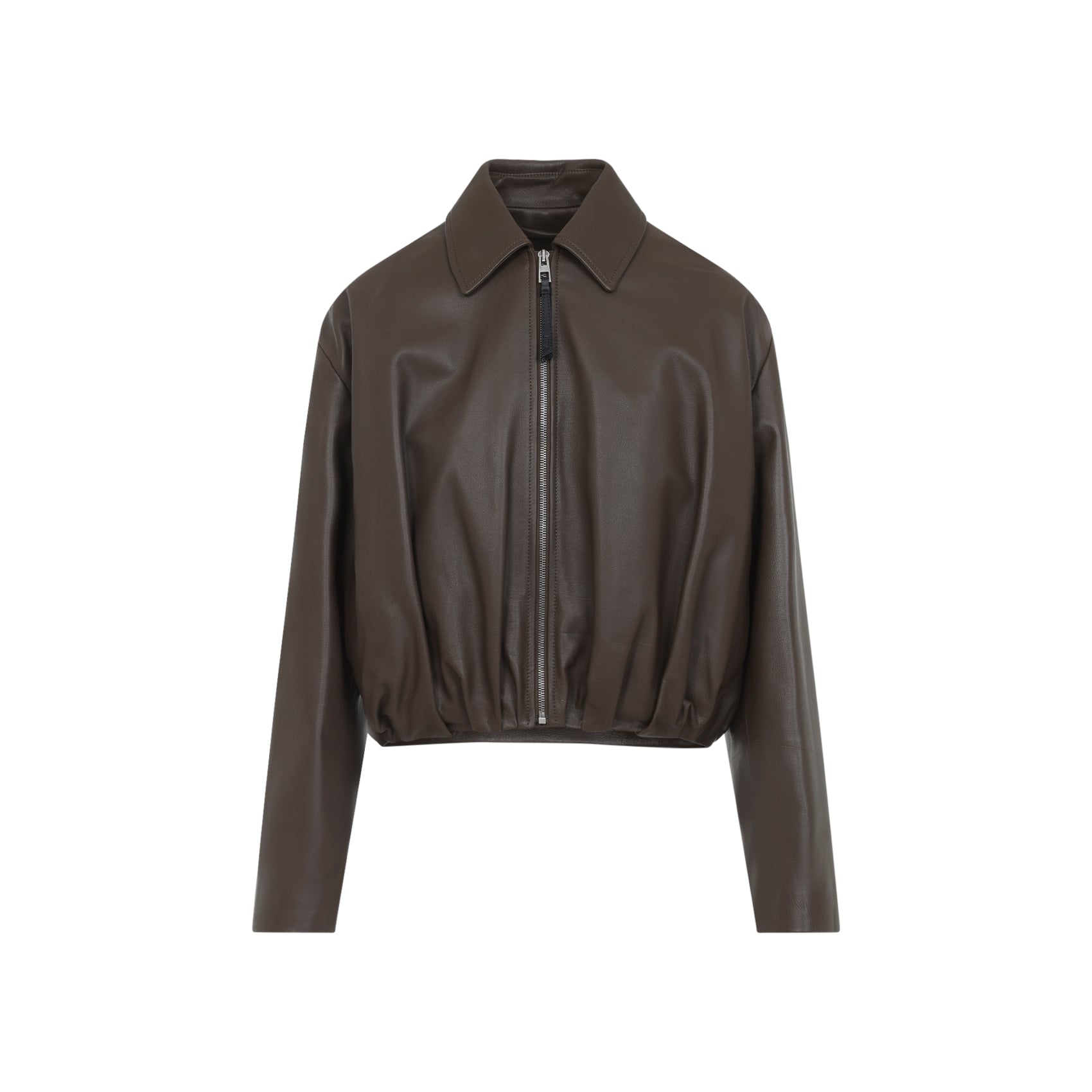 Cropped Calfskin Leather Jacket With Gathered Hem