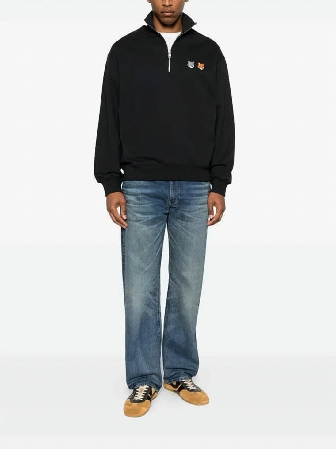 Half-Zip Pullover Sweatshirt with Embroidered Fox Motifs