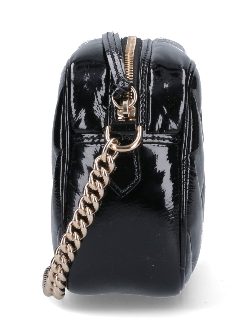 Chevron-Pattern Black Patent Leather Shoulder Bag With Adjustable Chain Strap