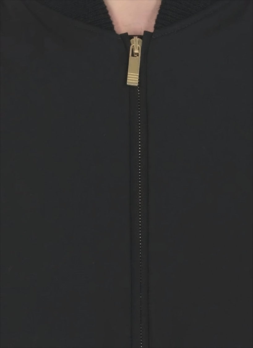Padded Black Bomber Jacket with Gold Zipper and Ribbed Details