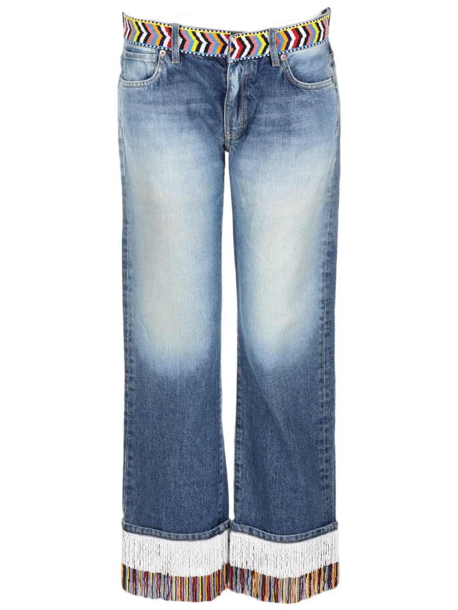 Straight-Leg Jeans with Fringe Hem and Vibrant Waistband