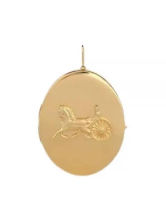 Gold Oval Earrings with Embossed Horse-Drawn Carriage Design