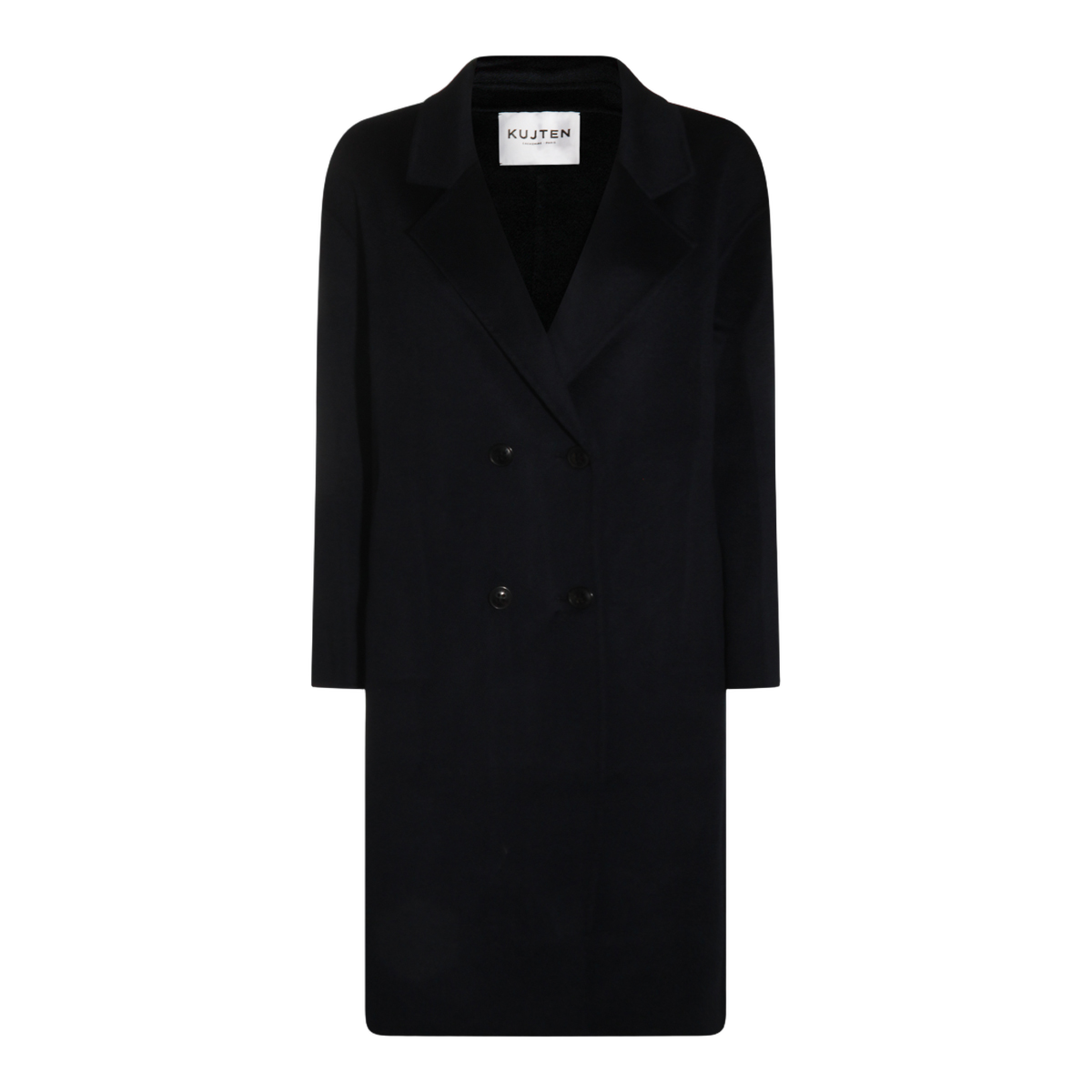 Tailored Long Double-Breasted Coat with Notched Lapel