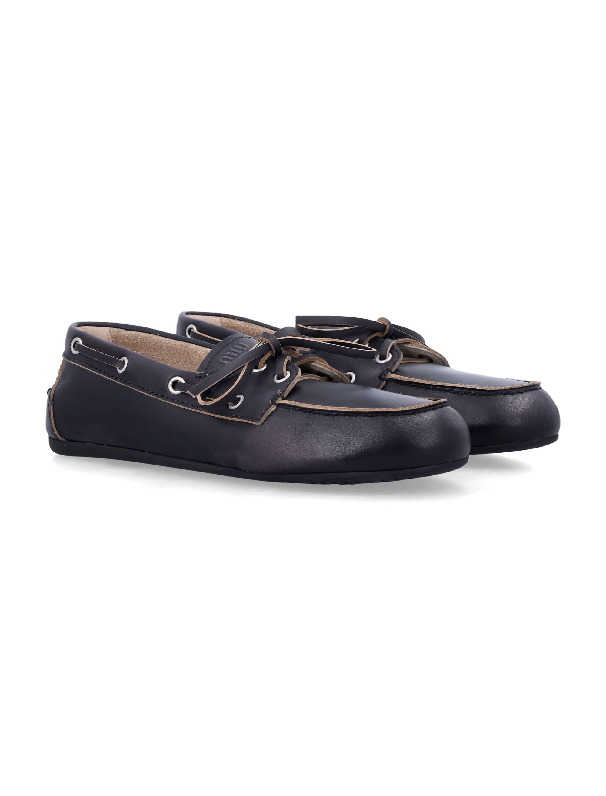 Leather Boat Loafers with Bow-Embossed Logo