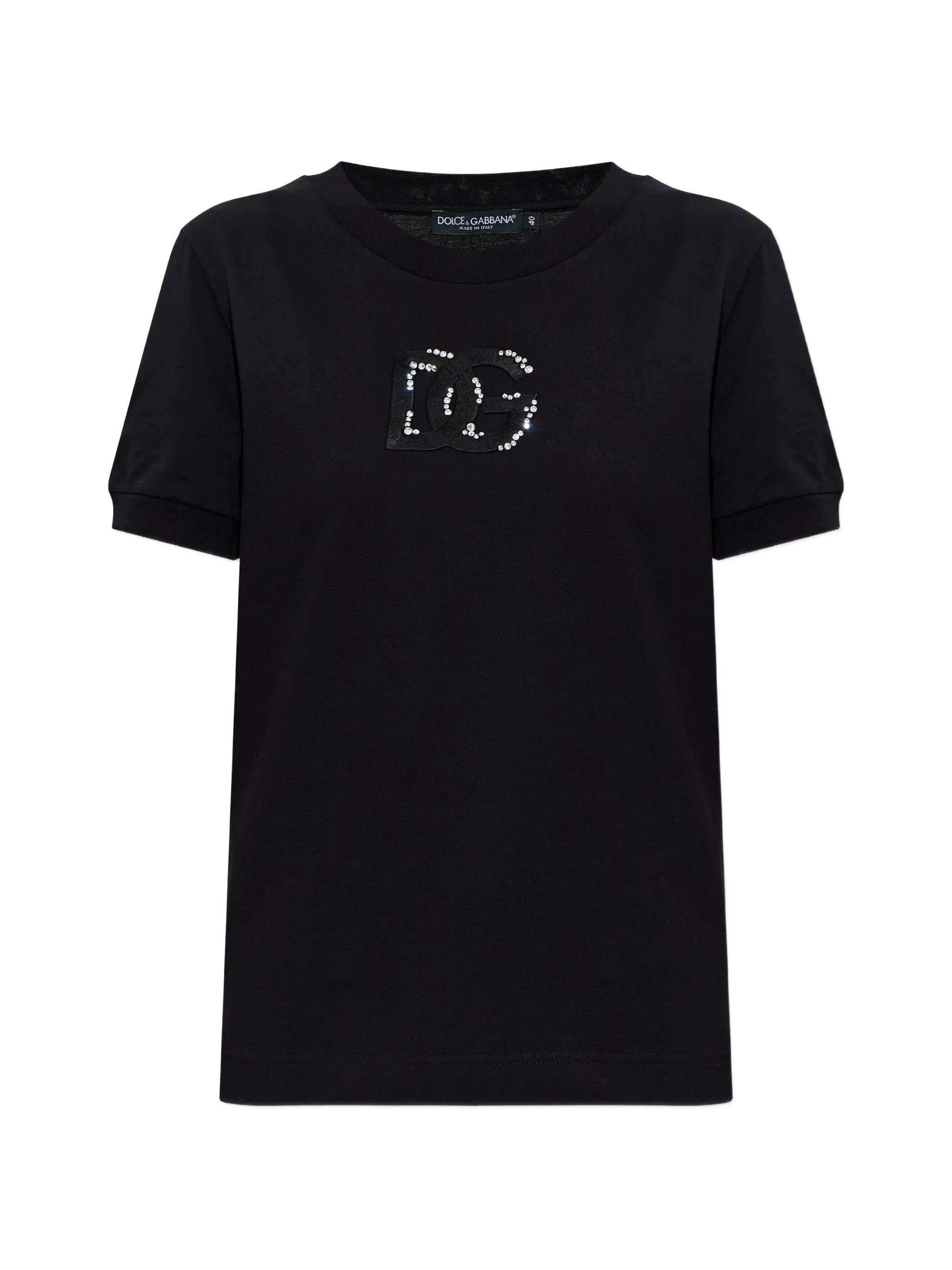 Black Cotton Rhinestone Embellished Logo T-Shirt
