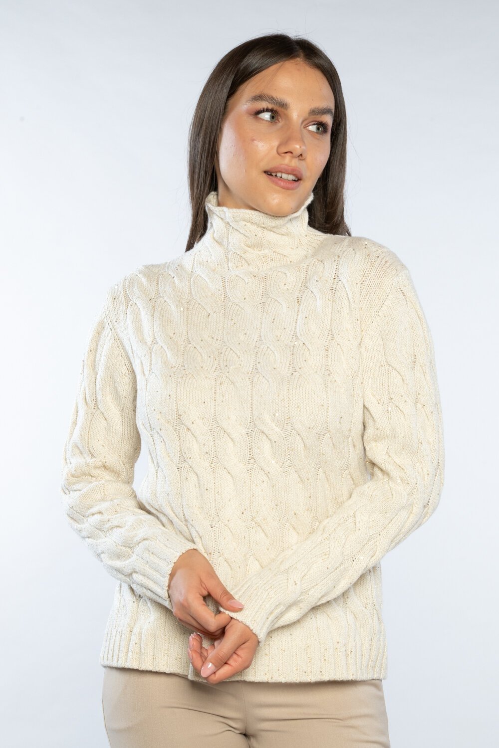 Ivory Cable-Knit Turtleneck Sweater With Braided Pattern