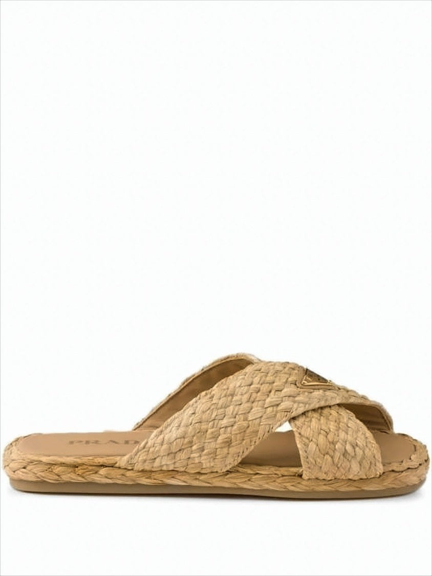 Woven Raffia Slip-On Mules With Triangular Logo Accent