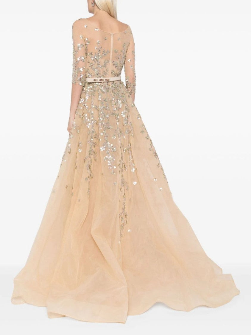Tulle Beaded Dress With Envelope Skirt And Overskirt