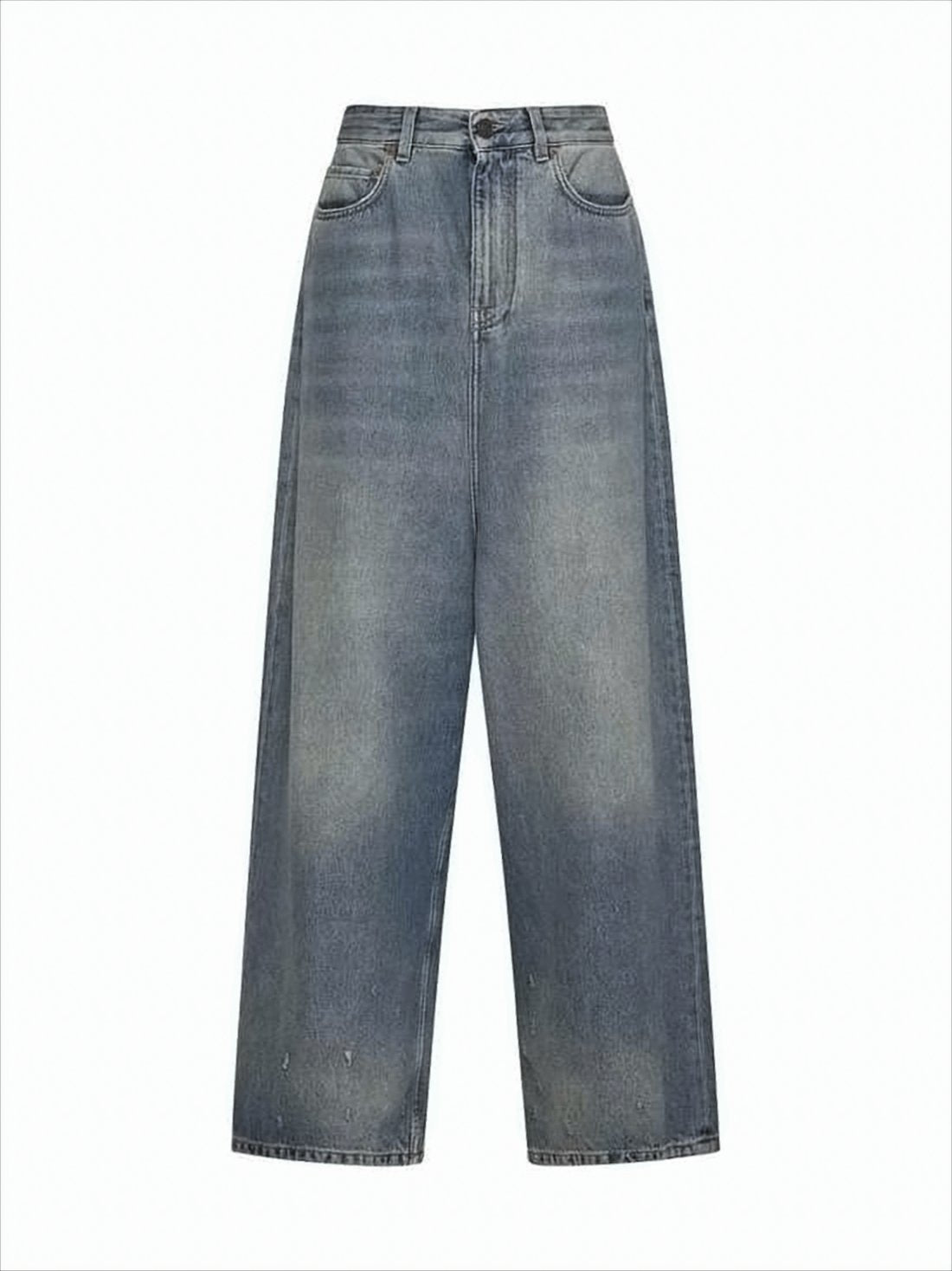 High-Waisted Wide-Leg Denim Pants with Distressed Detailing