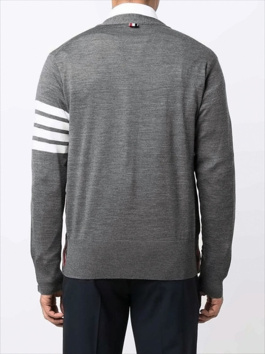 V-Neck Grey Wool Cardigan with Signature Striped Detail