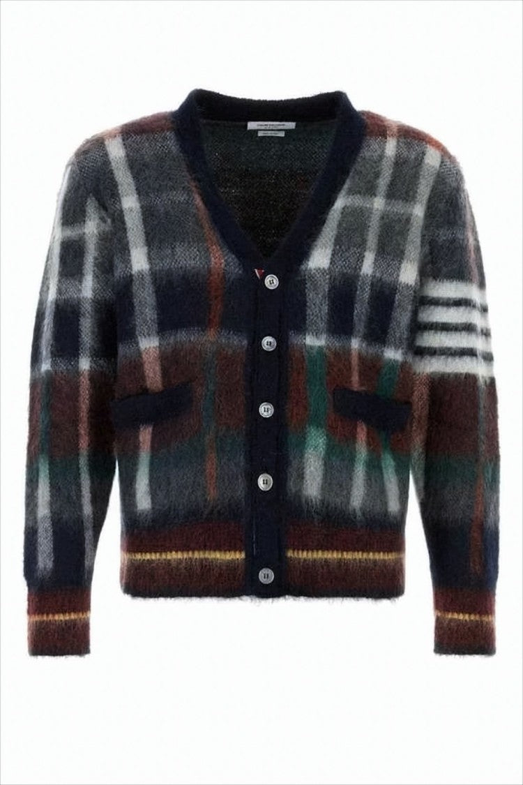 Cropped Mohair Cardigan with Bold Plaid Pattern