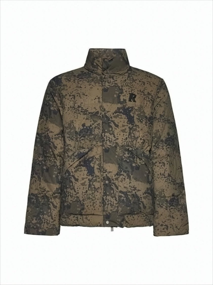 High-Collar Puffer Jacket with Camouflage Design