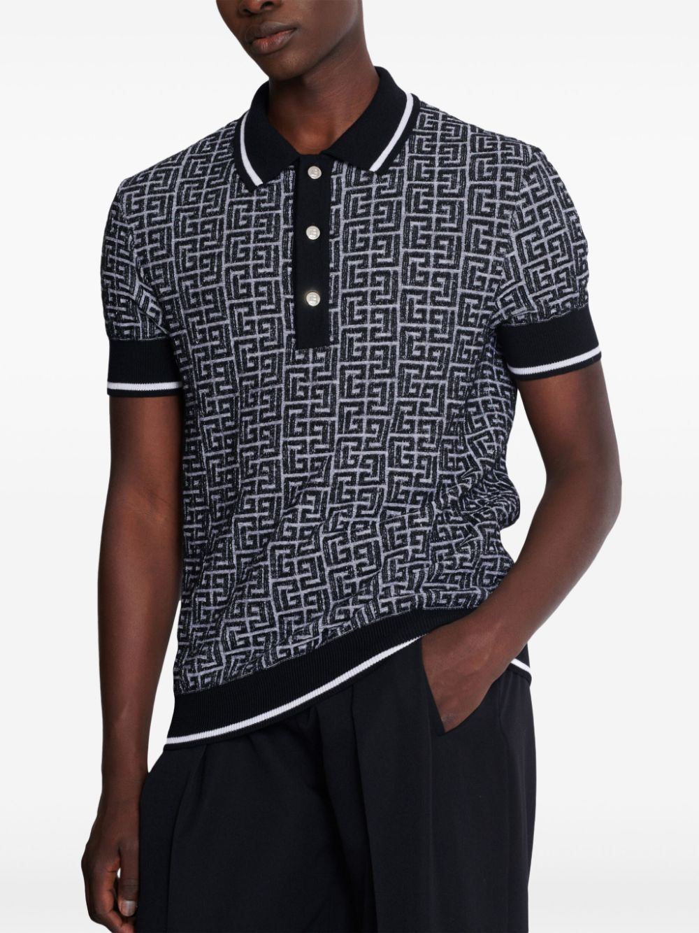 Patterned Jacquard Short-Sleeve Polo Shirt in Merino Wool Blend