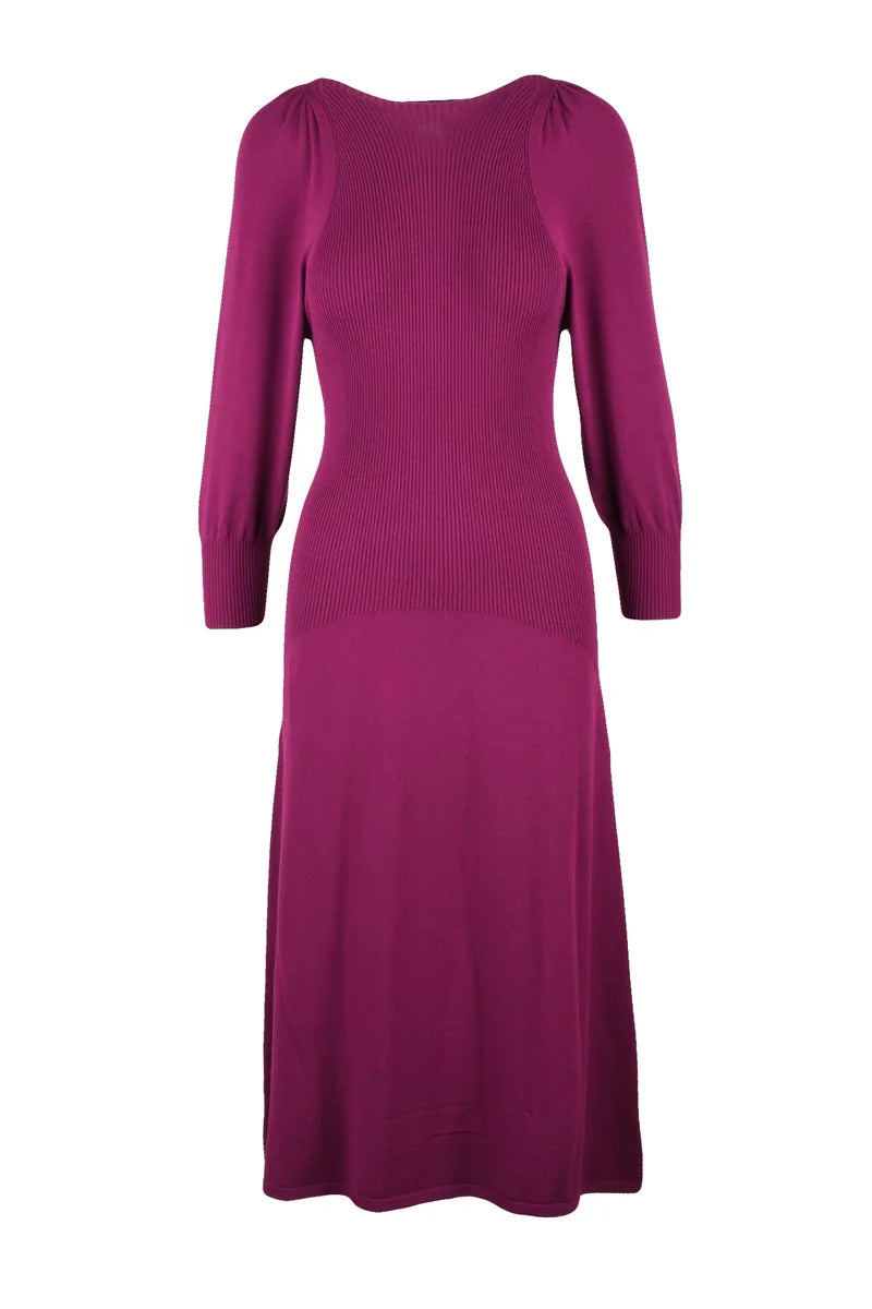 Long Knit Dress Puff Sleeve - Fuchsia