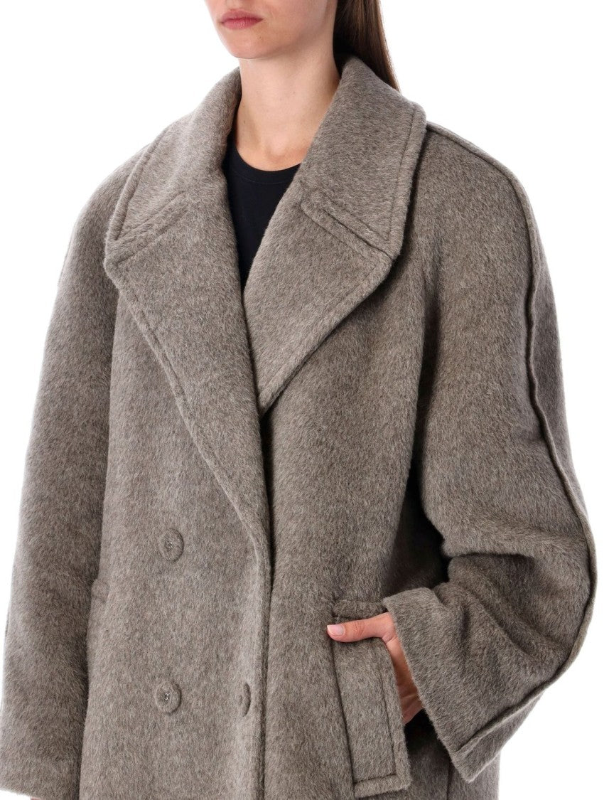 Double-Breasted Grey Coat With Wide Notched Collar And Oversized Silhouette