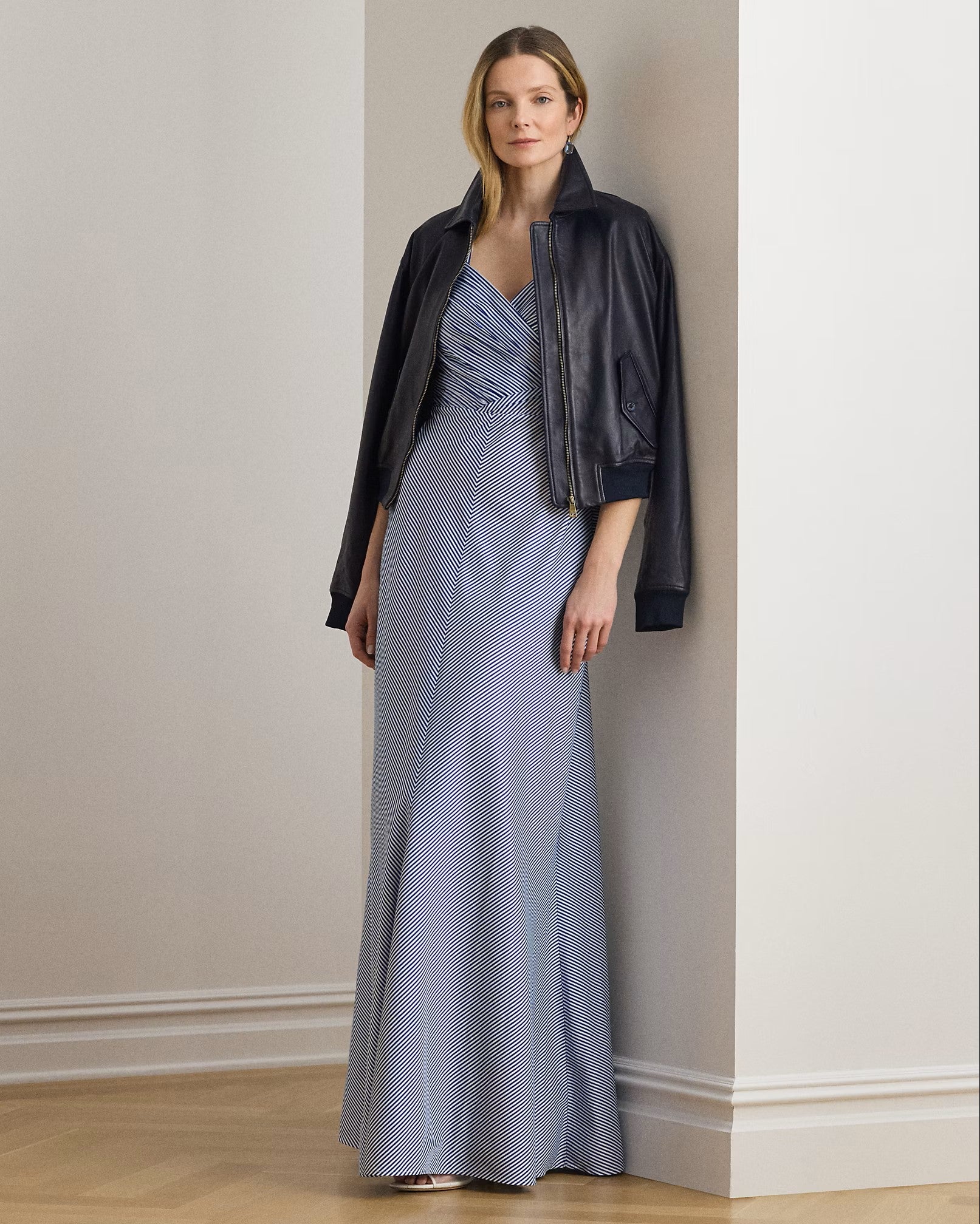Navy Blue Woven Taffeta Evening Gown