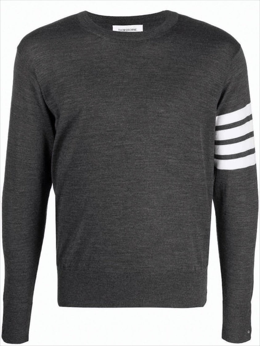 Dark Grey Merino Wool Sweater with Striped Detail
