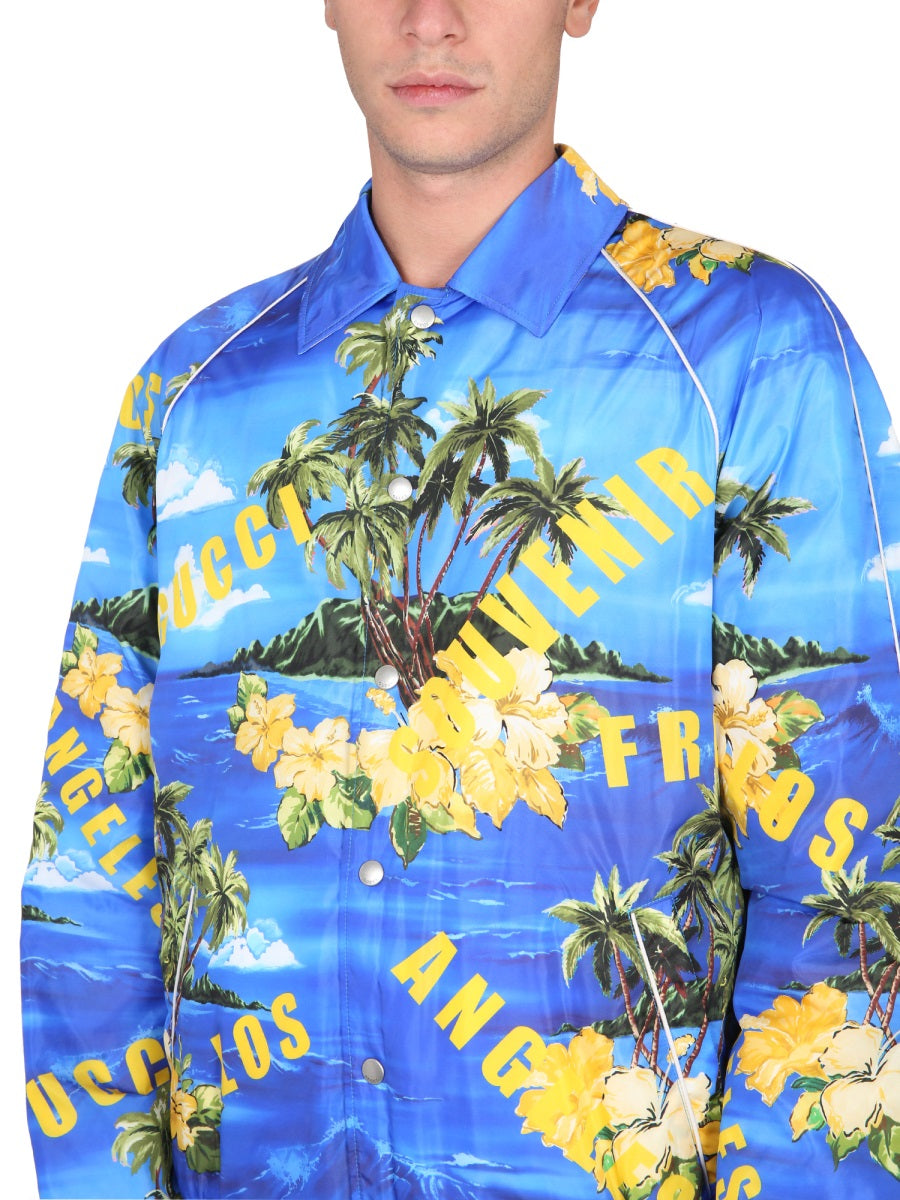 Nylon Jacket With Tropical Print And Yellow Accents