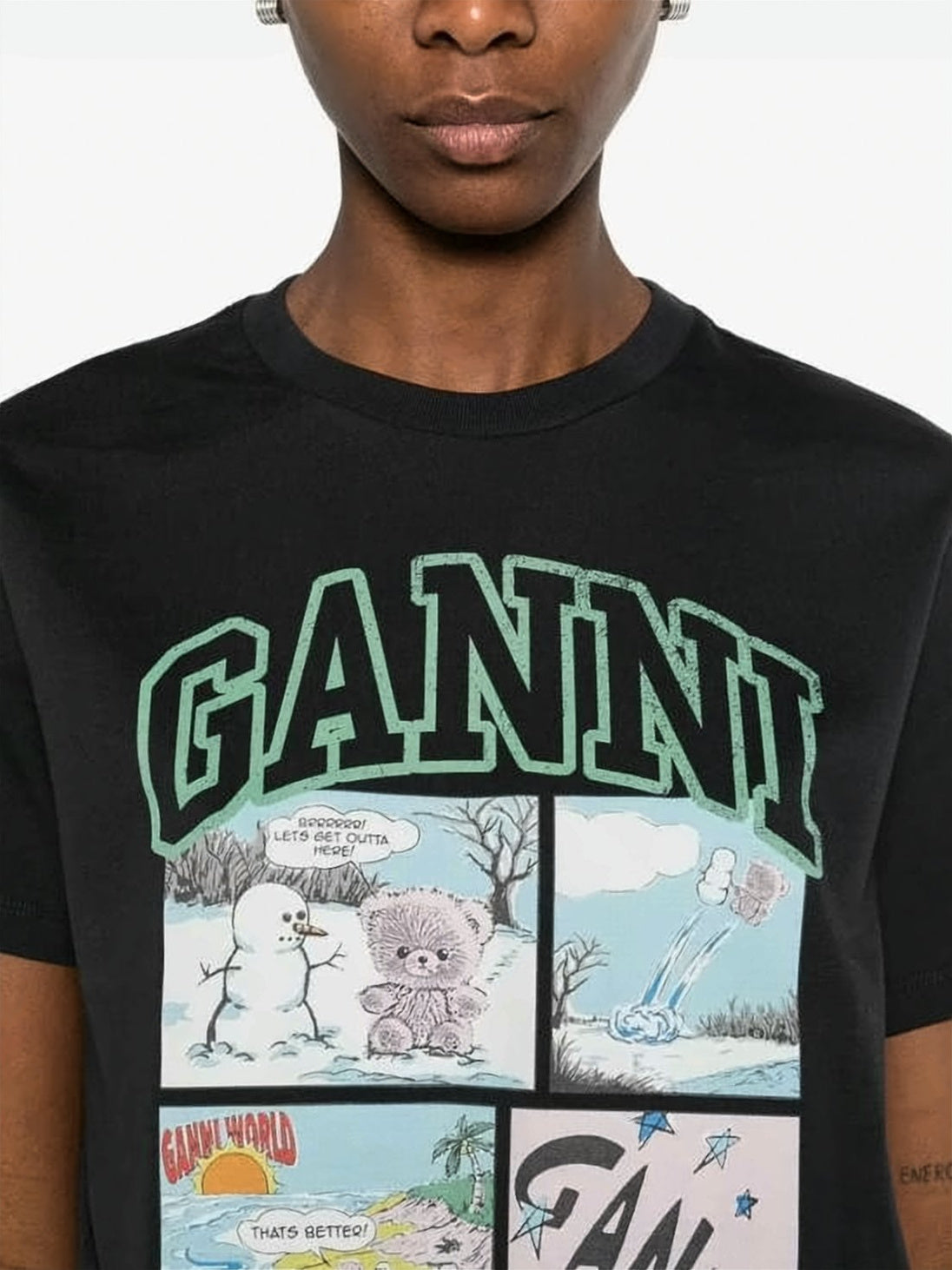 Comic-Style Graphic Black Cotton Jersey T-Shirt