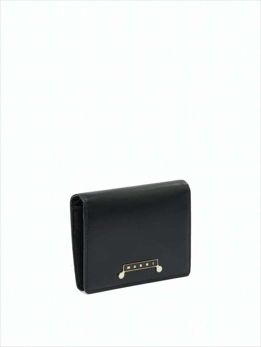 Rectangular Leather Wallet with Gold-tone Plaque