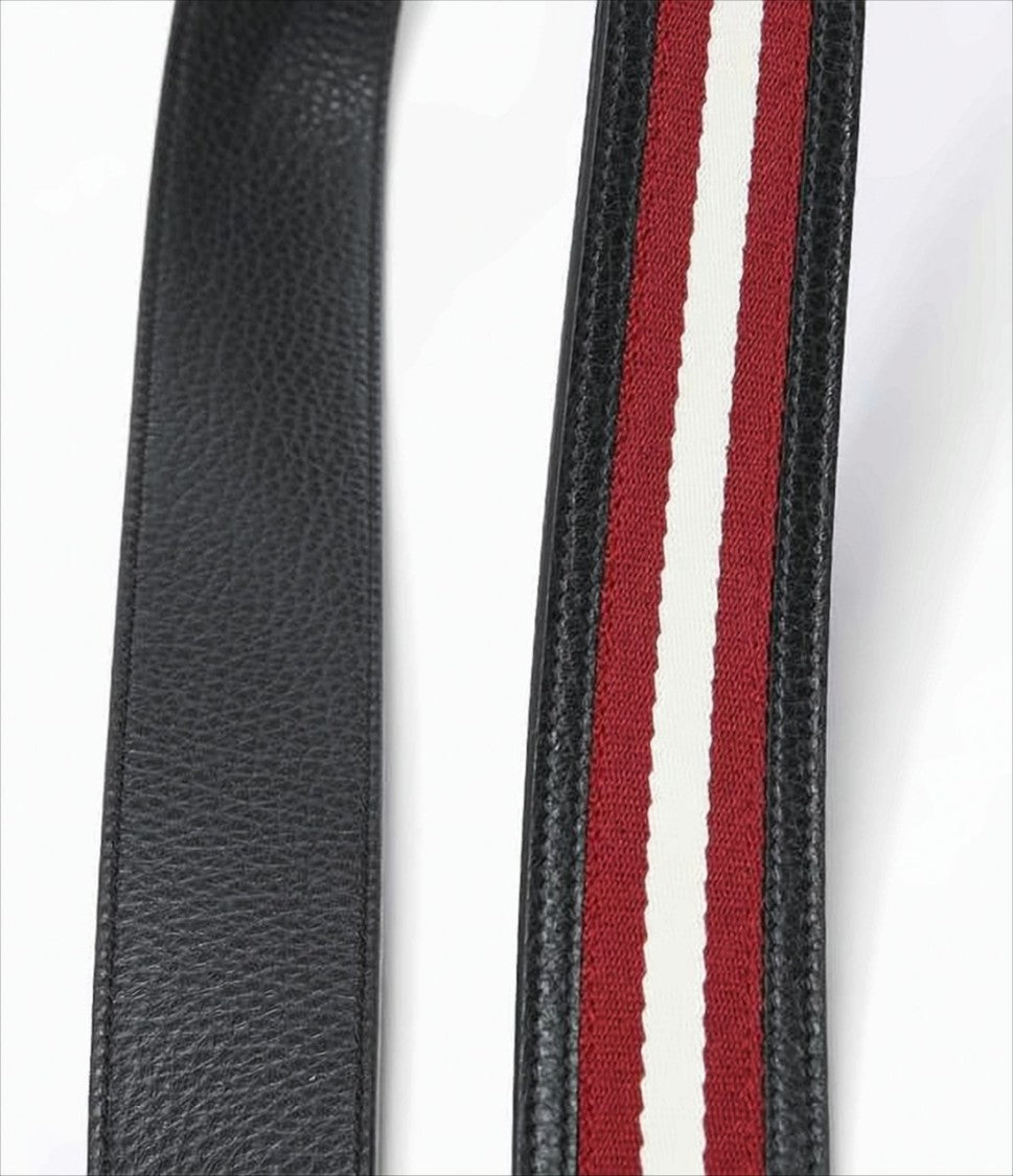 Black Leather Belt with Striped Fabric Inlay