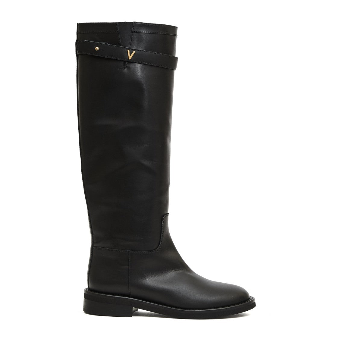 Tall Black Leather Boots With Gold Accent And Rubber Sole