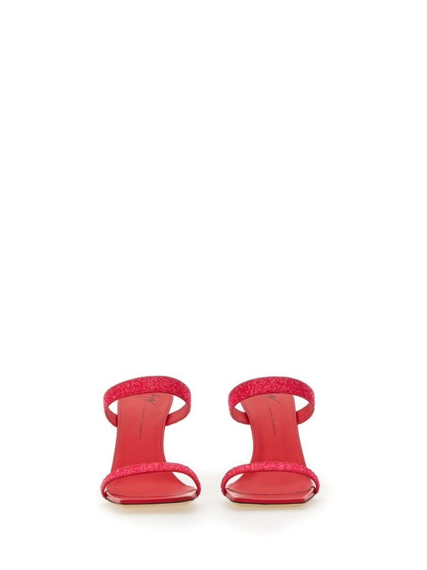 Glitter-Embellished Red Mules With Square Toe