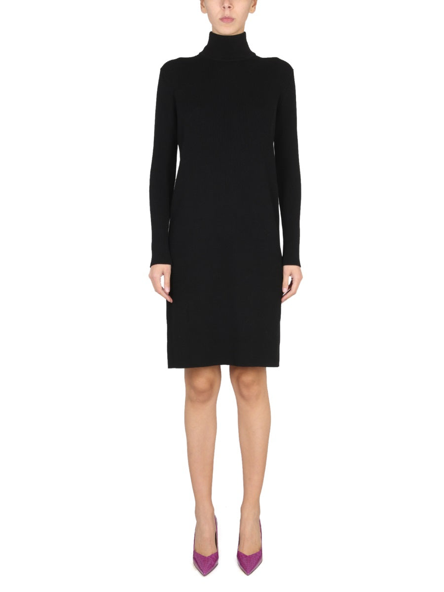 High Neck Ribbed Knit Dress with Textured Silhouette