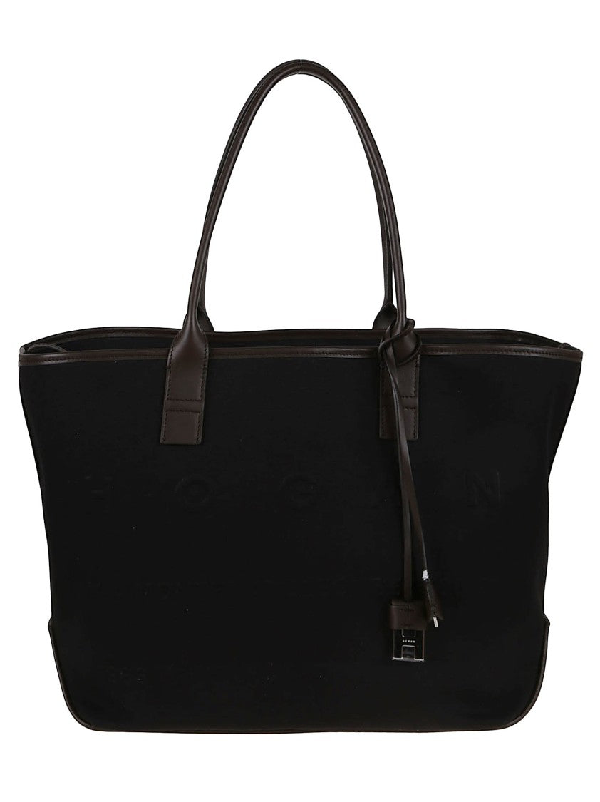 Spacious Black Leather And Canvas Shoulder Bag