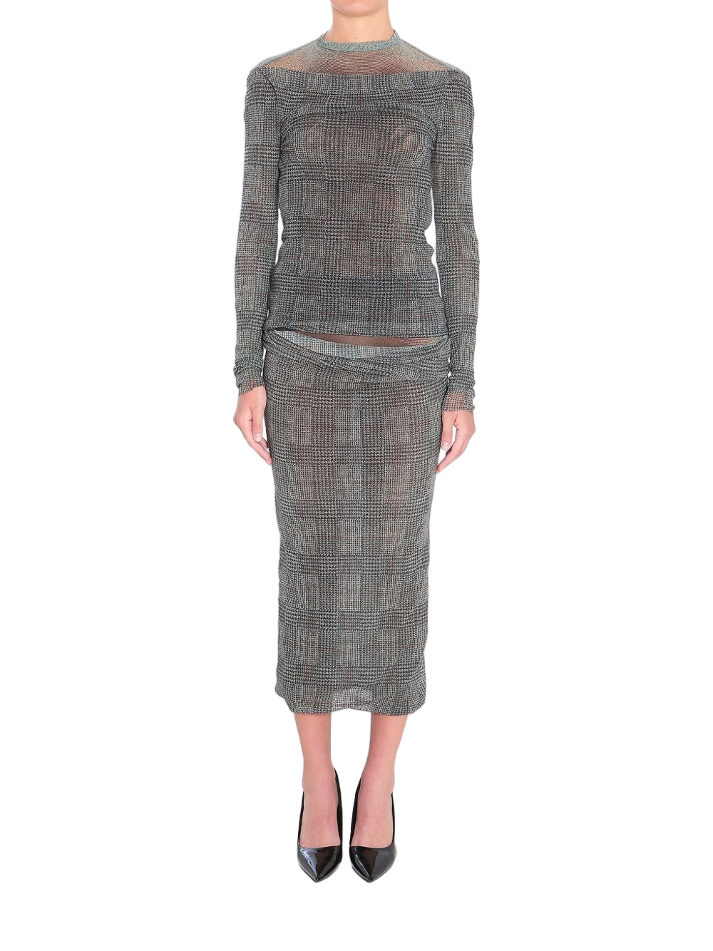 Grey Prince of Wales Check Long-Sleeved Top