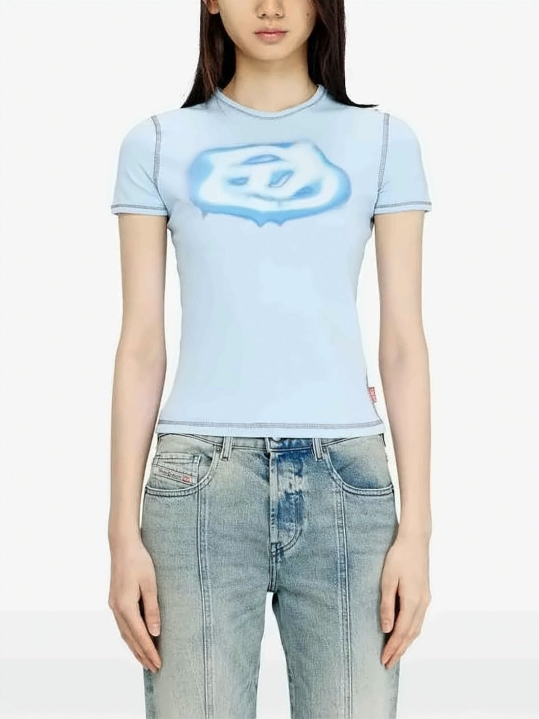 Slim Fit Light Blue T-Shirt with Cloud Graphic