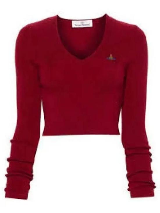 Cropped Long-Sleeve Sweater with V-Neckline and Embroidered Detail