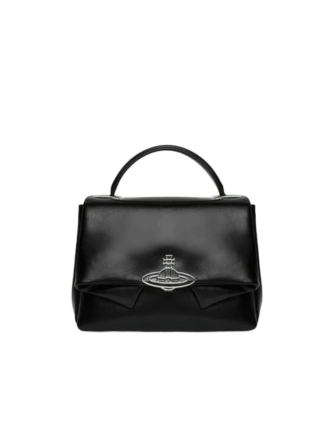 Rectangular Black Leather Handbag with Metallic Emblem