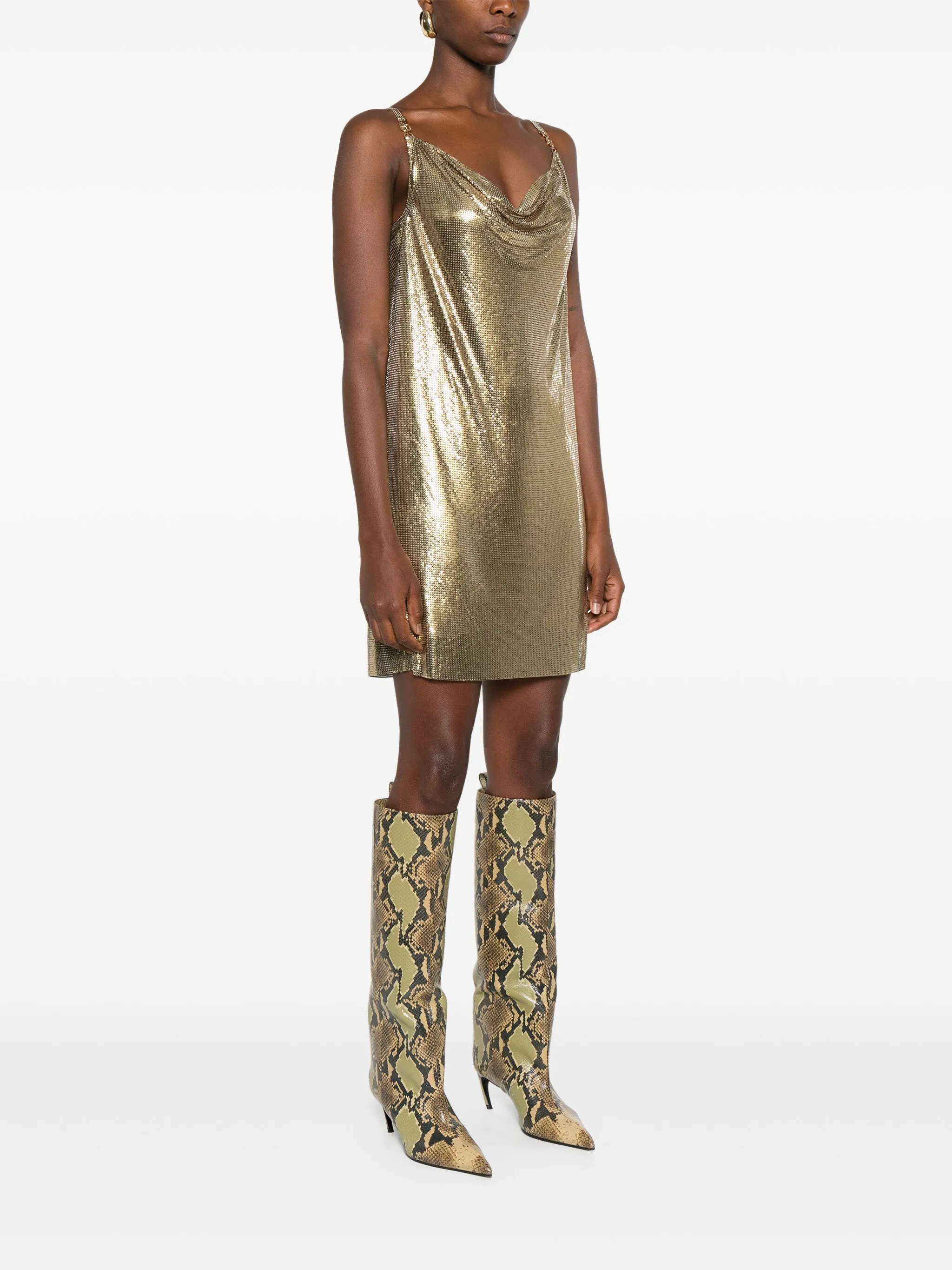 Metallic Mesh Mini Dress with Draped Neckline