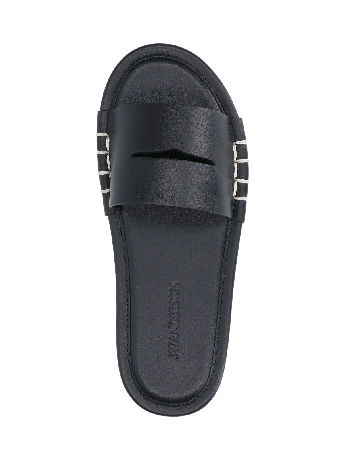 Open-Toe Calf Leather Slides with Contrast Stitching