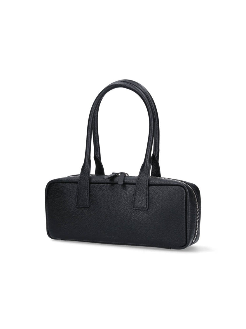 Textured Black Leather Shoulder Bag With Dual Zip Closure