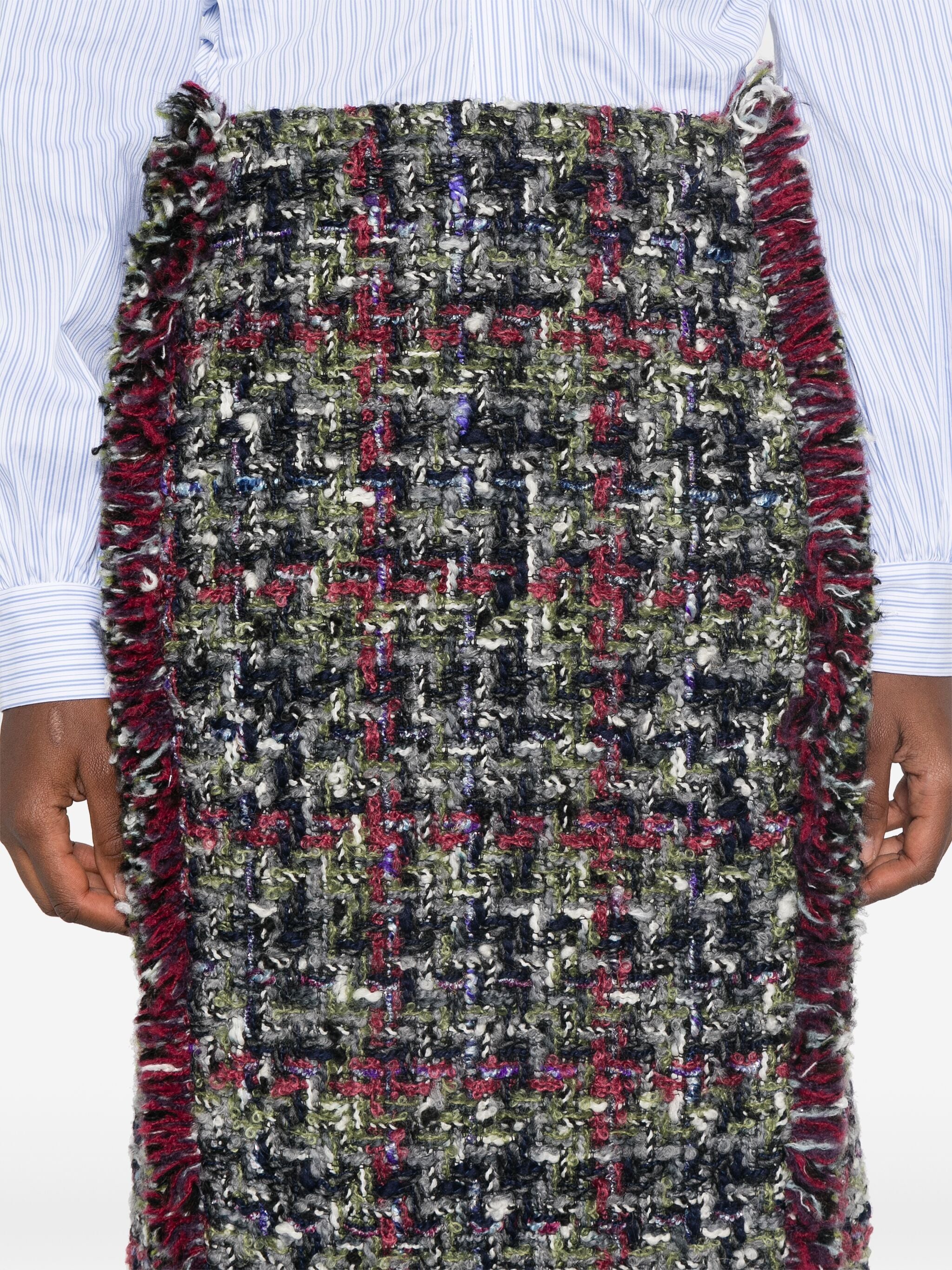 Multicolor Knee-Length Textured Wool Tweed Skirt