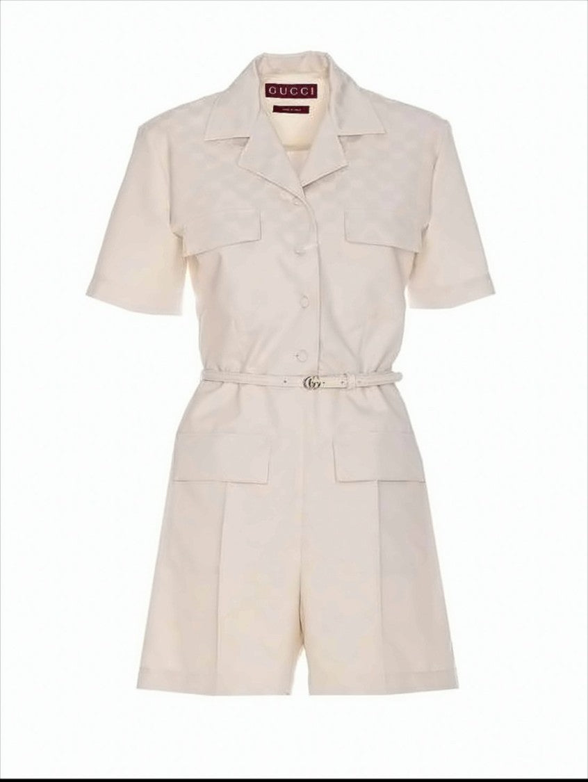 Tailored Short-Sleeve Jumpsuit with Jacquard Pattern