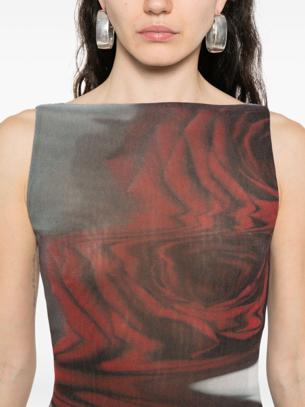 Dark Red Blurry Roses Print Sleeveless Tulle Maxi Dress