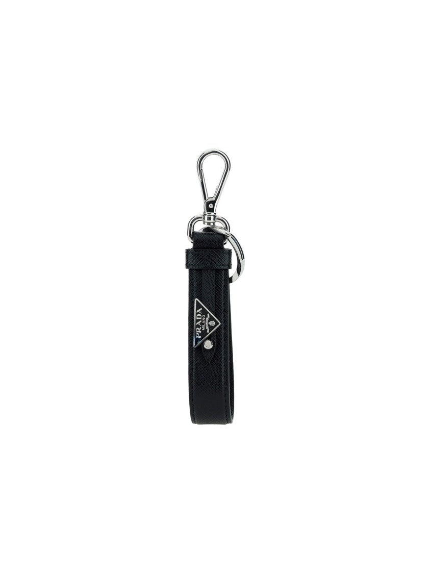 Textured Leather Keyring with Triangular Metal Logo Plaque