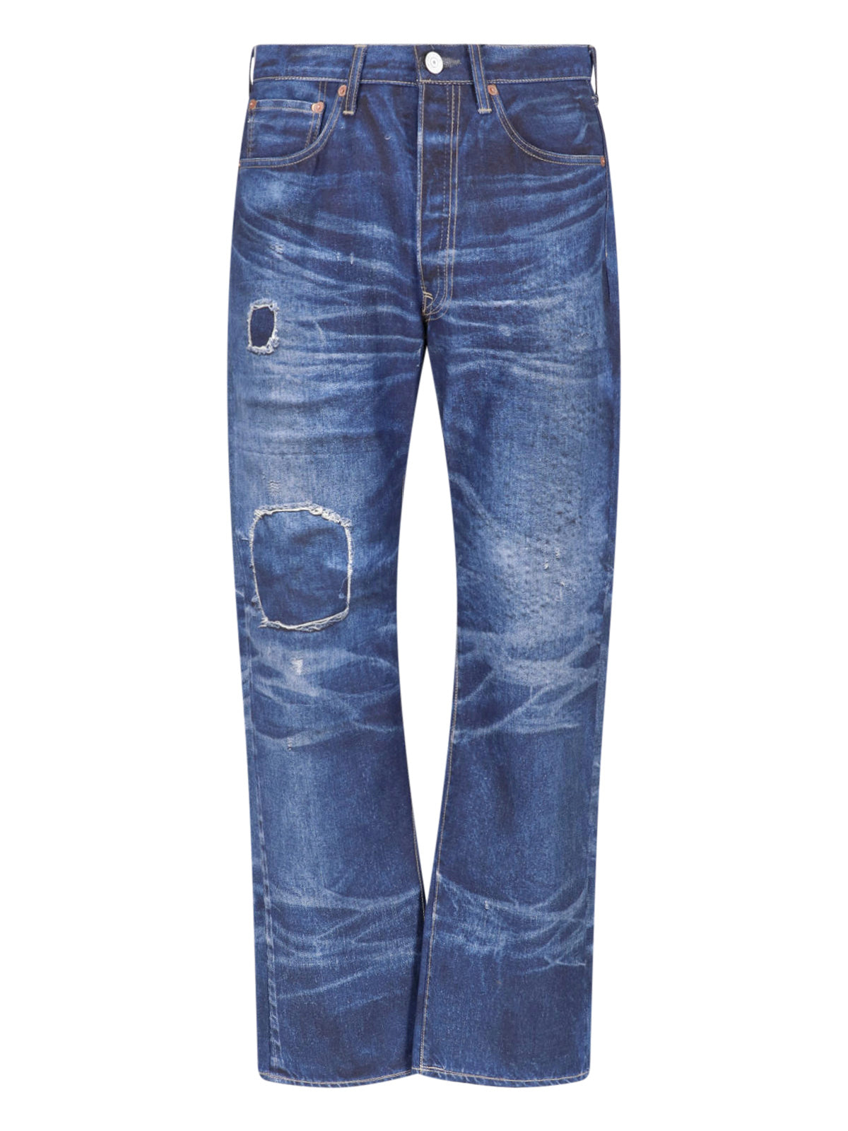 Blue Patchwork Distressed Straight Leg Jeans