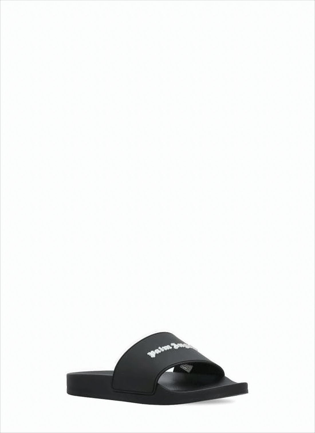 Black Slide Sandals With Gothic Text