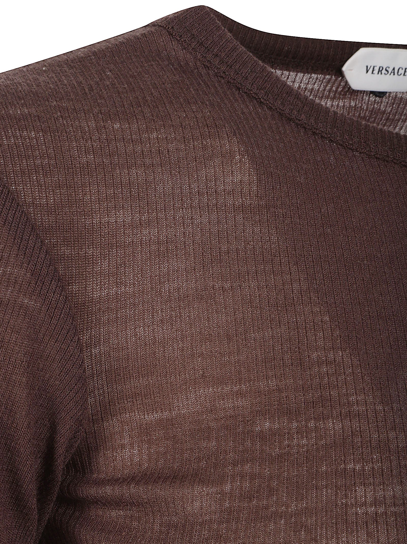 Fitted Semi-Sheer Brown Short-Sleeve Top with Ribbed Texture