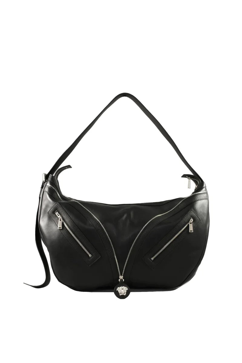 Curved Black Leather Shoulder Bag