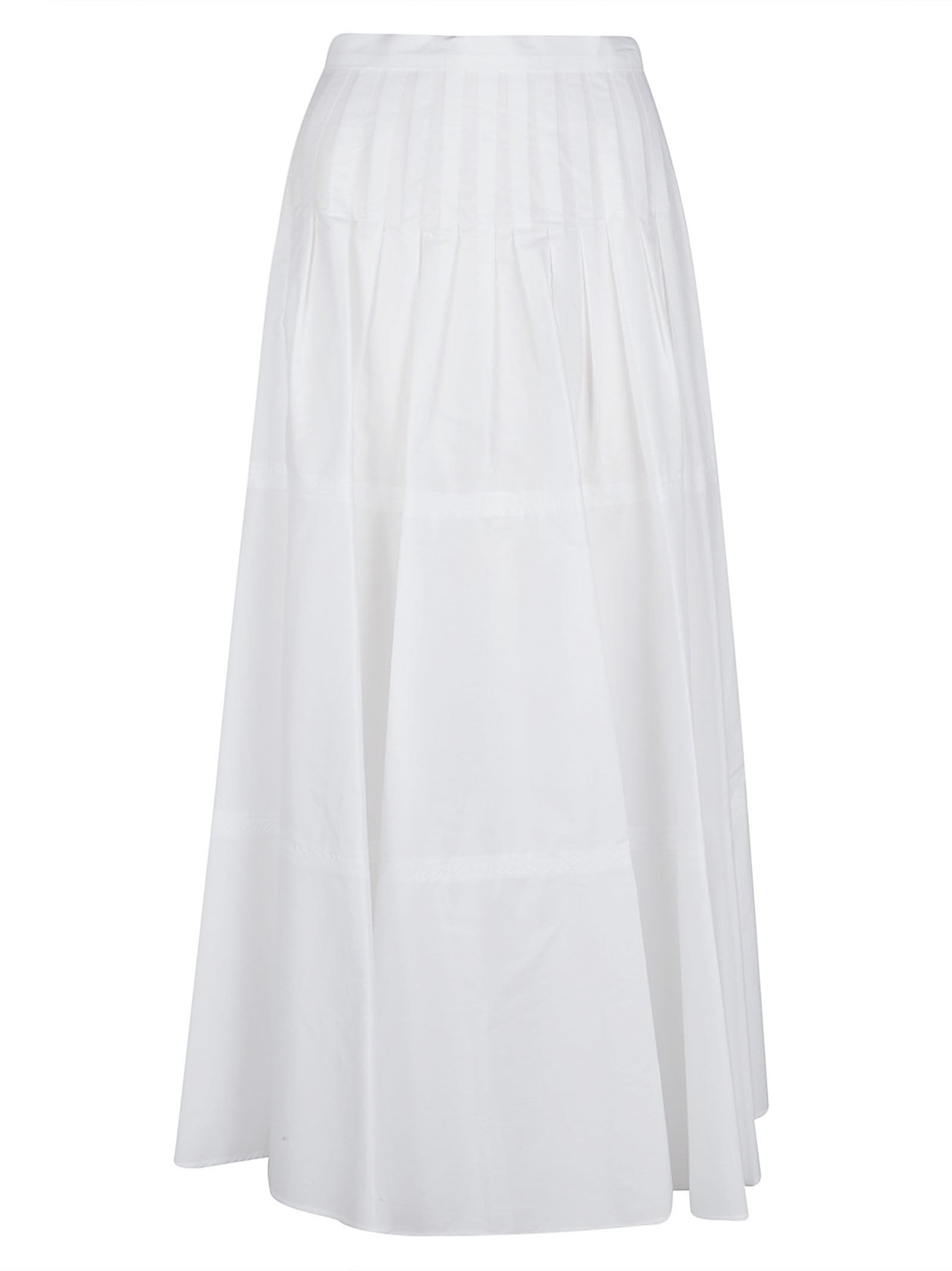 Flared White Cotton Midi Skirt with Vertical Stitching