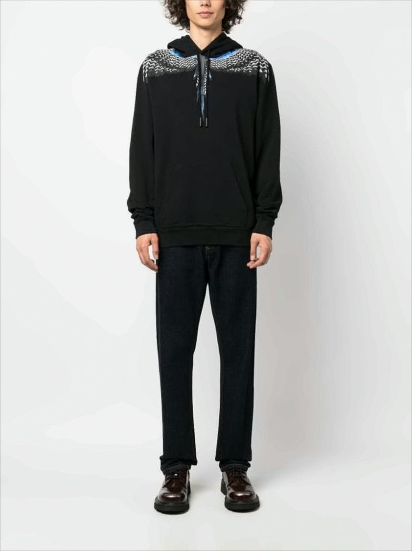 Feather-Graphic Black Cotton Hoodie