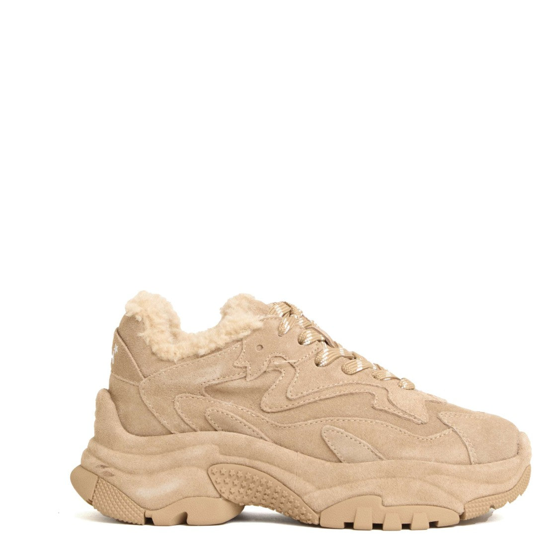 Beige Suede Sneakers with Plush Faux Fur Lining
