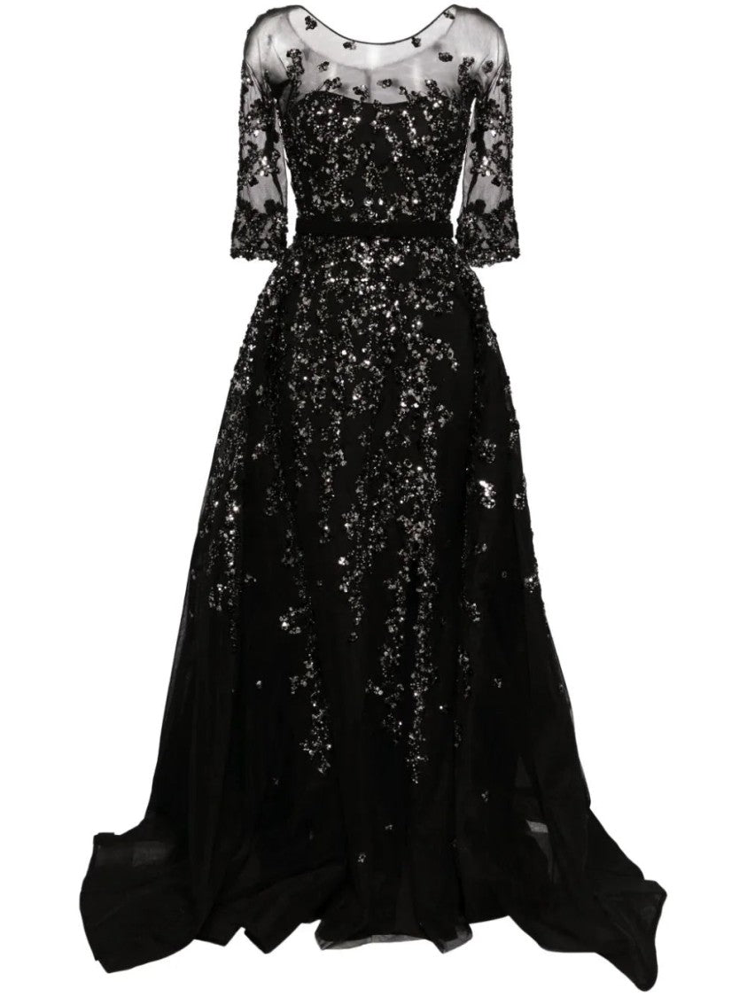 Tulle Beaded Dress With Envelope Skirt And Overskirt